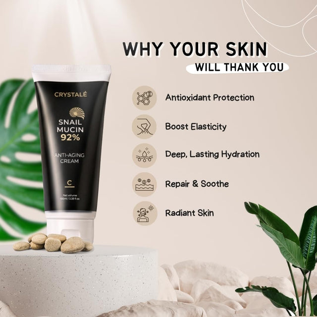 CRYSTALÉ Snail Mucin 92% Hydrating & Firming Cream – Multi-Purpose Lightweight Gel-Cream with Niacinamide & Panthenol – Deep Hydration for Face, Hands & Body – 3.38 fl oz (100 ml)