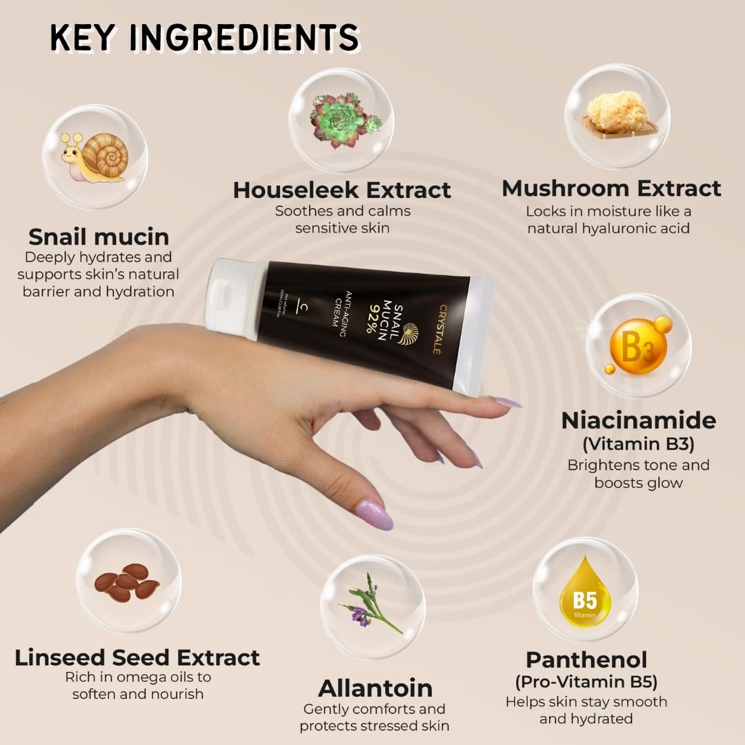 CRYSTALÉ Snail Mucin 92% Hydrating & Firming Cream – Multi-Purpose Lightweight Gel-Cream with Niacinamide & Panthenol – Deep Hydration for Face, Hands & Body – 3.38 fl oz (100 ml)