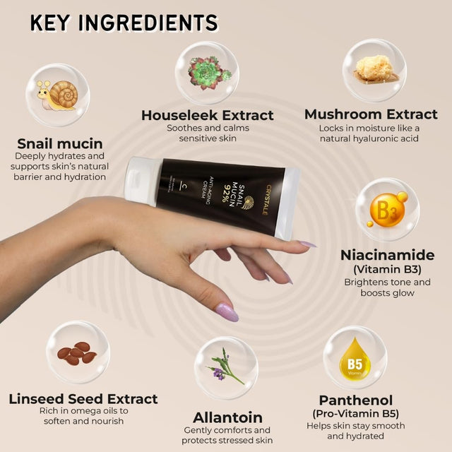 CRYSTALÉ Snail Mucin 92% Hydrating & Firming Cream – Multi-Purpose Lightweight Gel-Cream with Niacinamide & Panthenol – Deep Hydration for Face, Hands & Body – 3.38 fl oz (100 ml)