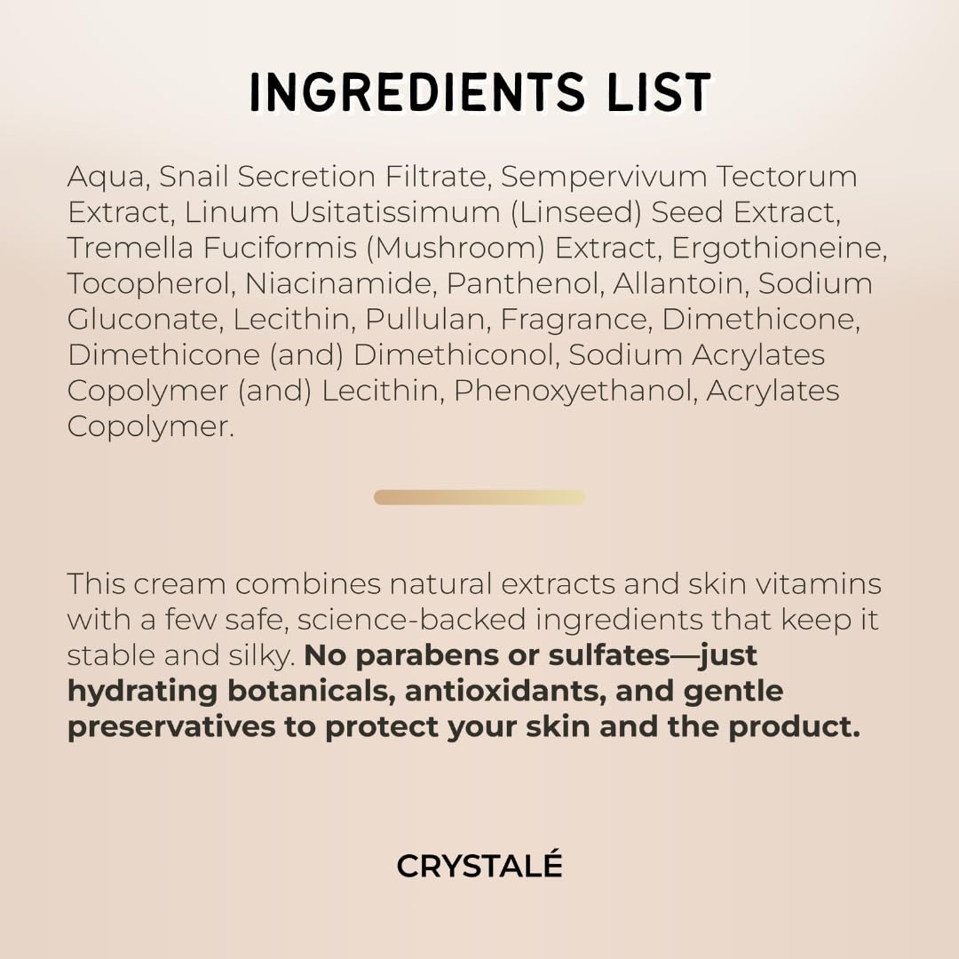 CRYSTALÉ Snail Mucin 92% Hydrating & Firming Cream – Multi-Purpose Lightweight Gel-Cream with Niacinamide & Panthenol – Deep Hydration for Face, Hands & Body – 3.38 fl oz (100 ml)