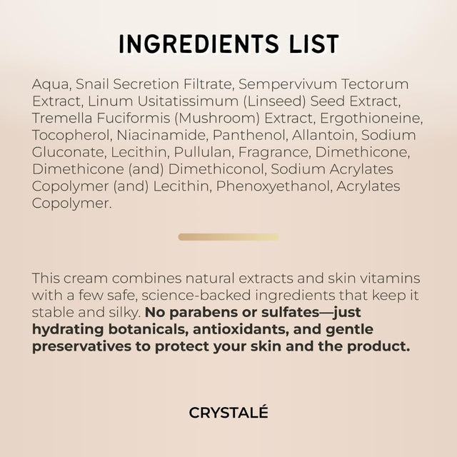 CRYSTALÉ Snail Mucin 92% Hydrating & Firming Cream – Multi-Purpose Lightweight Gel-Cream with Niacinamide & Panthenol – Deep Hydration for Face, Hands & Body – 3.38 fl oz (100 ml)